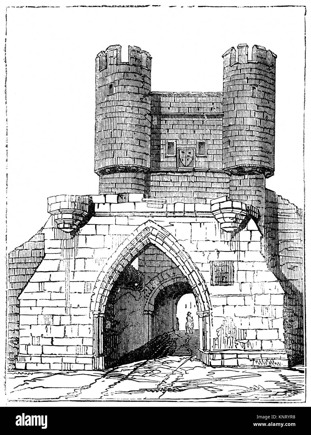 Walmgate Barbican ist die umfassendste der vier wichtigsten mittelalterlichen Gateways in der Stadt York, es ist das einzige seiner Barbican, fallgitter und inneren Türen zu behalten. Der älteste Teil ist der steinernen Torbogen aus dem 12. Jahrhundert. Die ummauerte barbican an der Vorderseite stammt aus dem 14. Jahrhundert, die hölzernen Toren aus dem 15. Jahrhundert. Yorkshire, England Stockfoto
