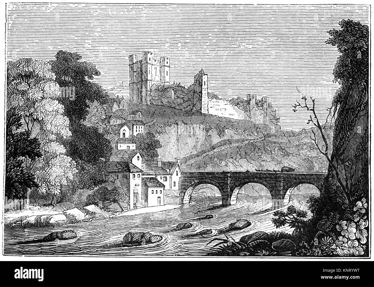 Eine Ansicht der Richmond Brücke mit Wagen und packpferden Überquerung des Flusses Swale unter dem Markt Stadt Richmond, Richmond Castle, 1086 abgeschlossen übersehen. North Yorkshire, England. Stockfoto