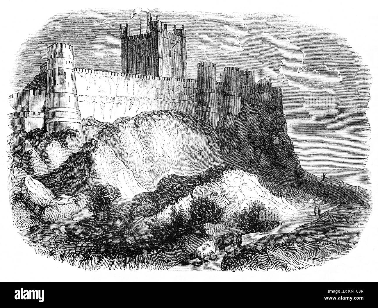 Bamburgh Castle liegt an der Nordostküste Englands, durch das Dorf von Bamburgh in Northumberland. Die ursprüngliche Festung wurde von Wikingern im Jahre 993 zerstört und die Normannen bauten später eine neue Burg auf der Website, die den Kern des Gegenwärtigen. Nach einem Aufstand im Jahr 1095 vom Eigentümer der Burg unterstützt, bis es in den Besitz der englischen Monarchen. Stockfoto