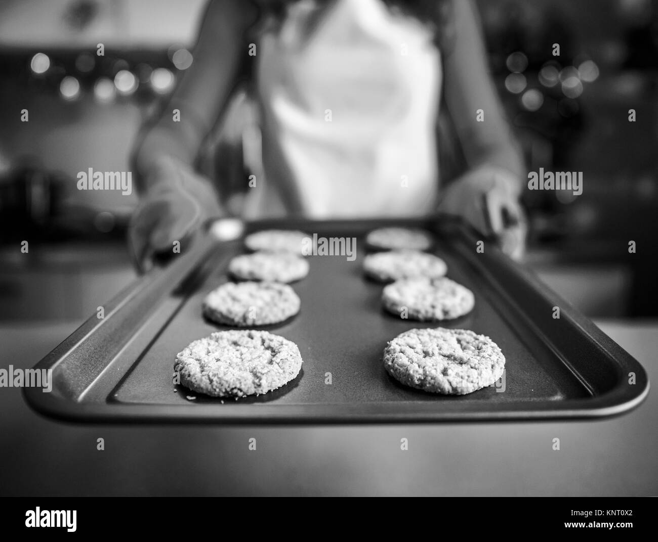Closeup auf Pfanne mit Weihnachtsgebäck in der Hand der Hausfrau Stockfoto