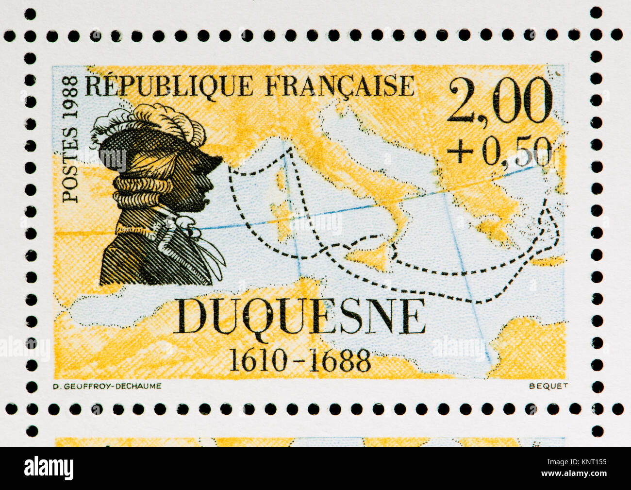 Französische Briefmarke (1988): Abraham Duquesne, Marquis du Bouchet (1610-1688), französischer Marineoffizier, mit einer Karte seine Kampagnen angezeigt Stockfoto