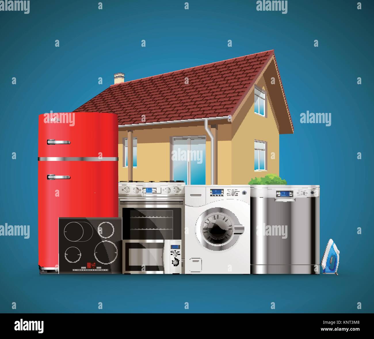 Küche und Haushaltsgeräte: Mikrowelle, Waschmaschine, Kühlschrank, Gasherd, Geschirrspüler, Bügeleisen.-stock Illustration Stock Vektor