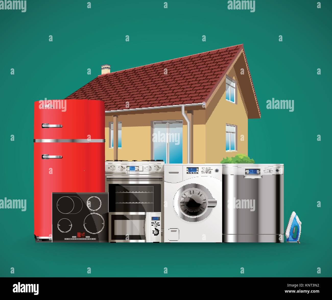 Küche und Haushaltsgeräte: Mikrowelle, Waschmaschine, Kühlschrank, Gasherd, Geschirrspüler, Bügeleisen.-stock Illustration Stock Vektor