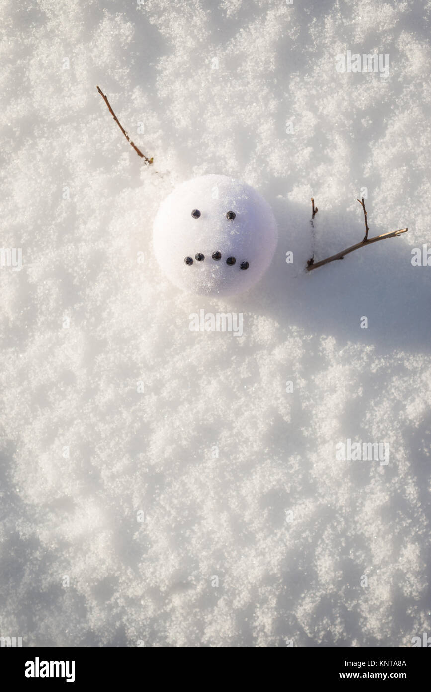Kopf des geschmolzenen Schneemann mit traurigem Gesicht Stockfoto