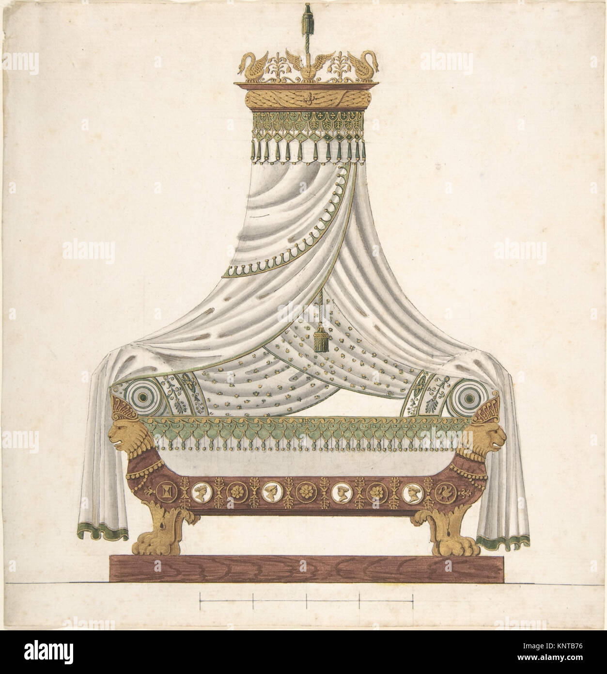 Diese Zeichnung aus dem 19. Jahrhundert, die Pierre Antoine Leboux de La Mésangère zugeschrieben wird, präsentiert ein Design für ein Himmelbett. Die Illustration zeigt komplizierte Details und ornamentale Elemente, die typisch für das damalige Möbeldesign sind. Stockfoto