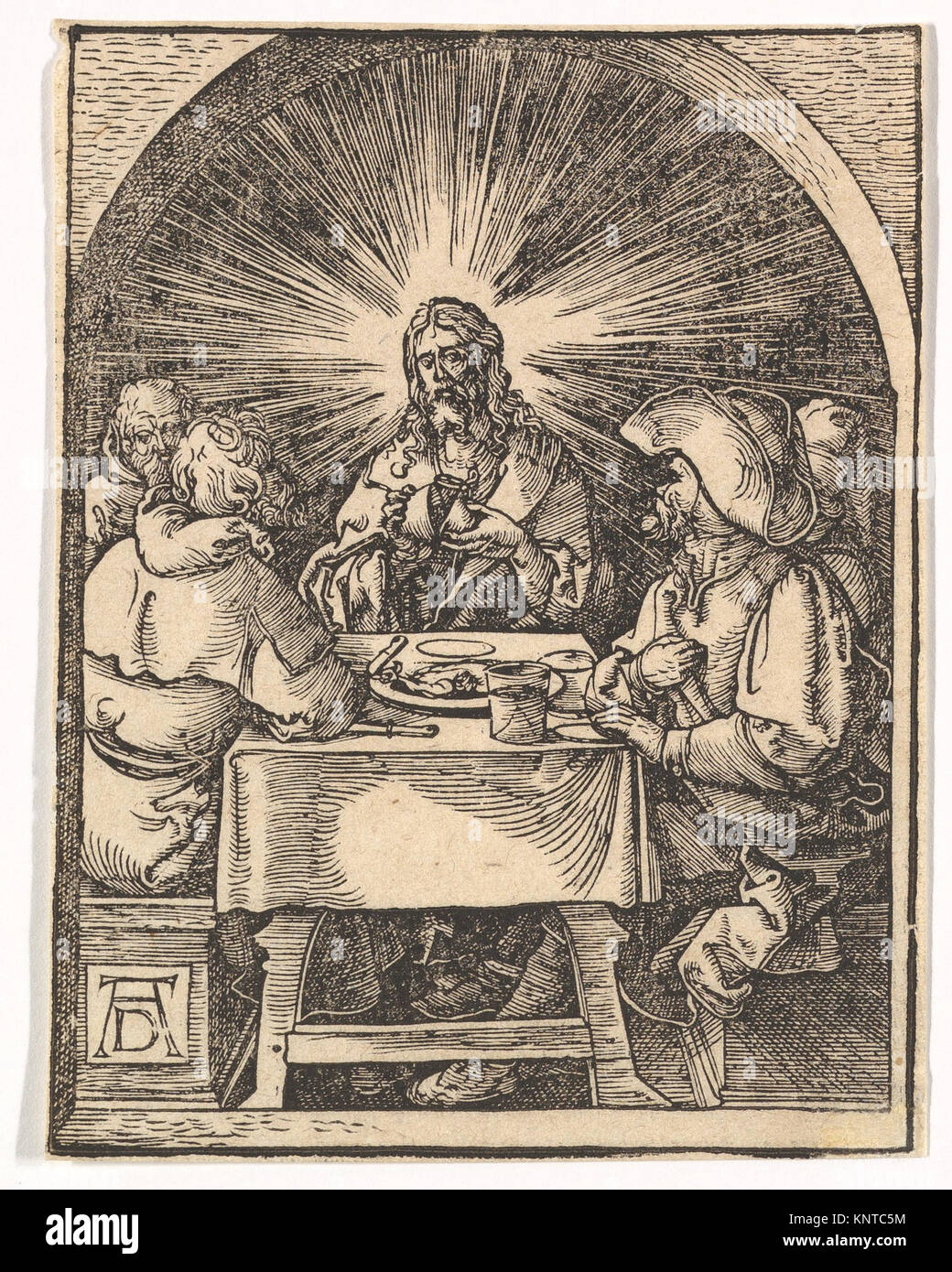 Christus in Emmaus, von der kleinen Passion (Kopie) MET DP 820395 382286 Künstler: nach Albrecht D?rer, Deutschen, Nürnberg 1471?1528 Nürnberg, Künstler: Johann Mommard, Christus in Emmaus, von der kleinen Passion (Kopie), n. d., Holzschnitt, 5 1/8 x 3 7/8 in. (13 x 9,8 cm). Das Metropolitan Museum of Art, New York. Vermächtnis von Harry G. Friedman, 1965 (66.521.90) Stockfoto