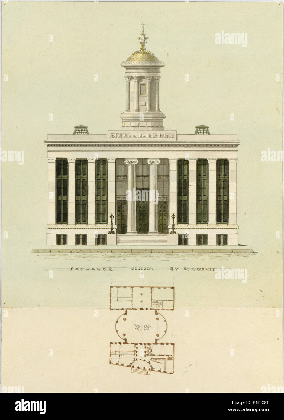 Architekturzeichnung, die das nicht ausgeführte Fassadendesign und den vorderen Höhenplan für die First Merchant's Exchange in New York zeigt, einschließlich detailliertem Layout und strukturellen Elementen. Stockfoto