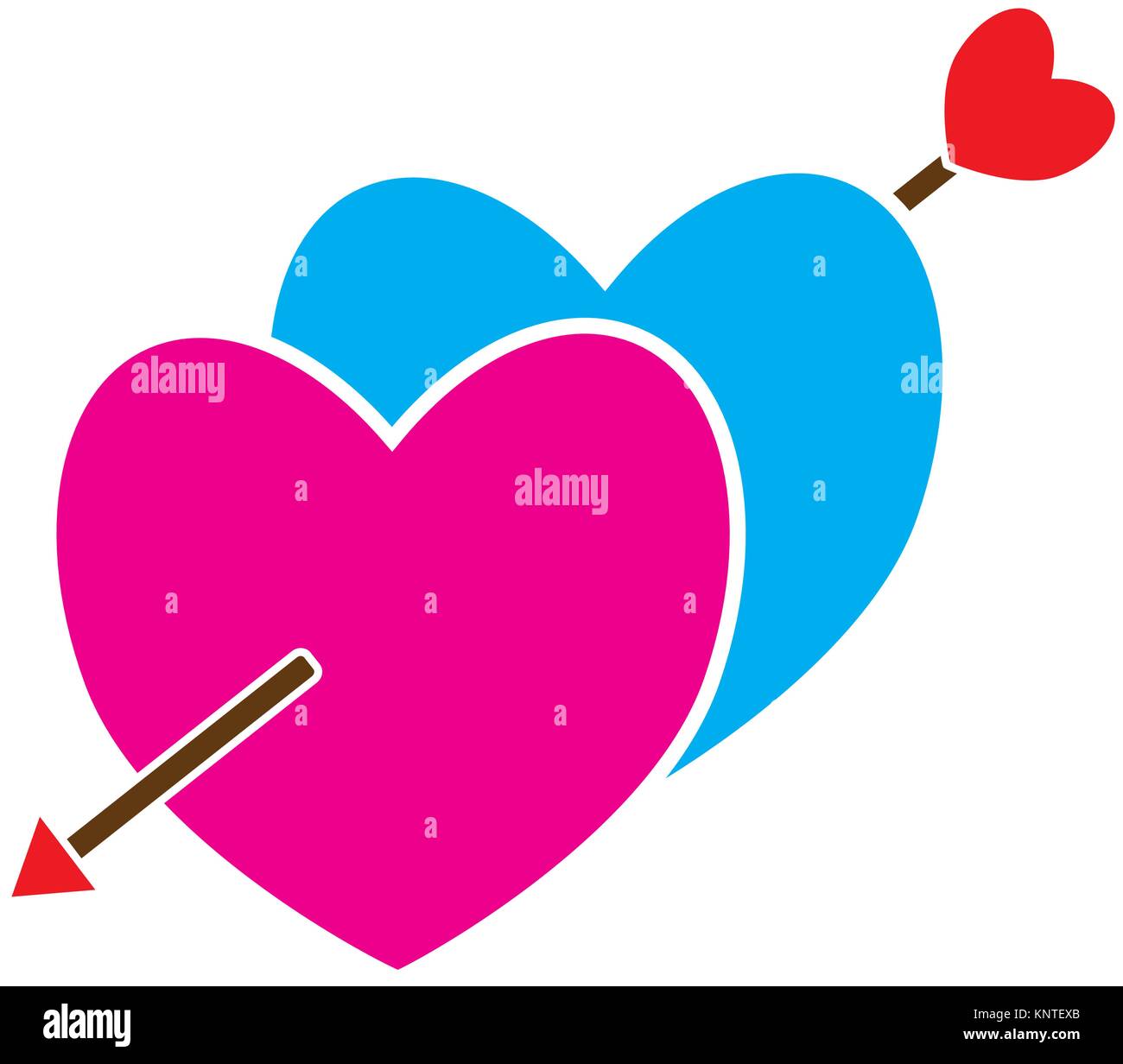 Zwei Herzen mit einem Pfeil erschossen von Cupid gekreuzt. Konzept für Liebe, Leidenschaft, Valentin, Valentinstag auf weißem Hintergrund. Rosa, Blau, und bla Stock Vektor