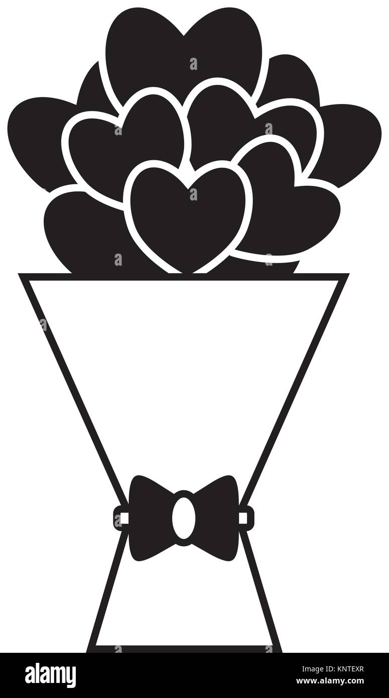 Blumenstrauß der Herzen oder herzförmige Blumen mit einem Bogen. Konzept für Liebe, Leidenschaft, Valentin, Valentinstag auf weißem Hintergrund. Schwarzer Umriss Stock Vektor
