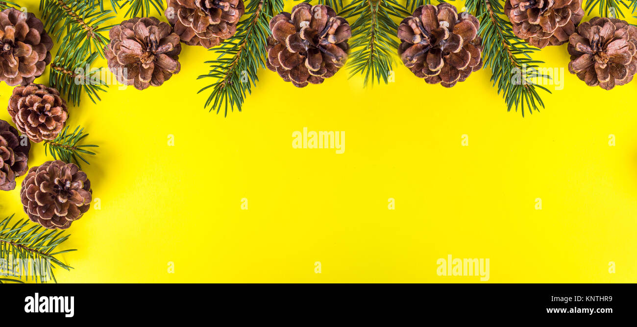 Tannenzapfen auf gelbem Hintergrund festlichen Hintergrund flach Stockfoto