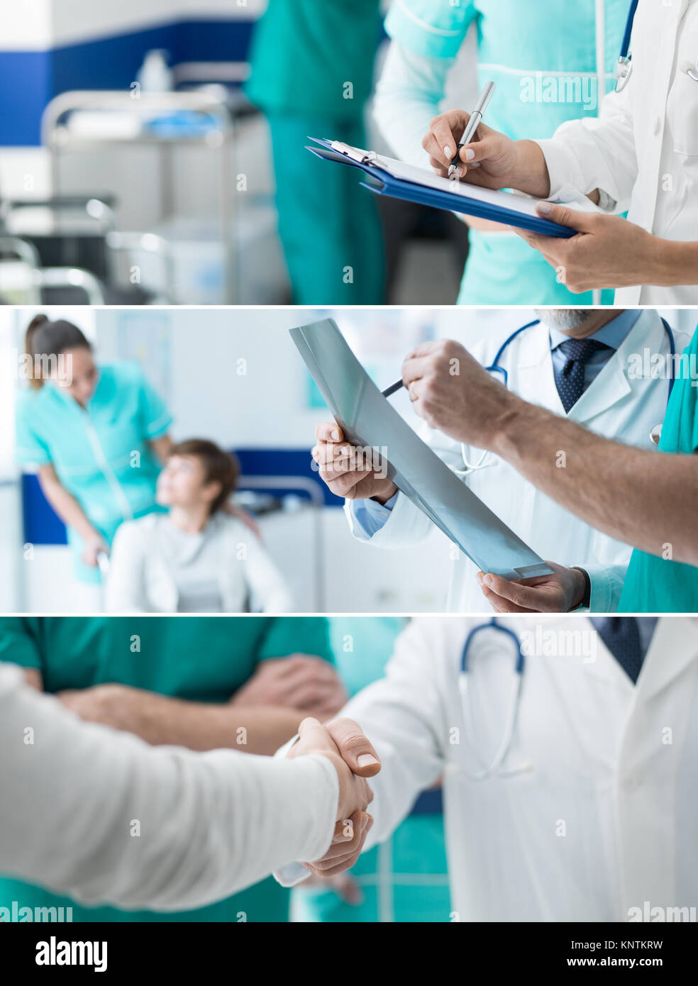 Das medizinische Personal im Krankenhaus arbeiten, ärzte Prüfung der medizinischen Unterlagen und die Begegnung mit einem Patienten, Gesundheitswesen und medizinische Prüfungen Banner einstellen Stockfoto