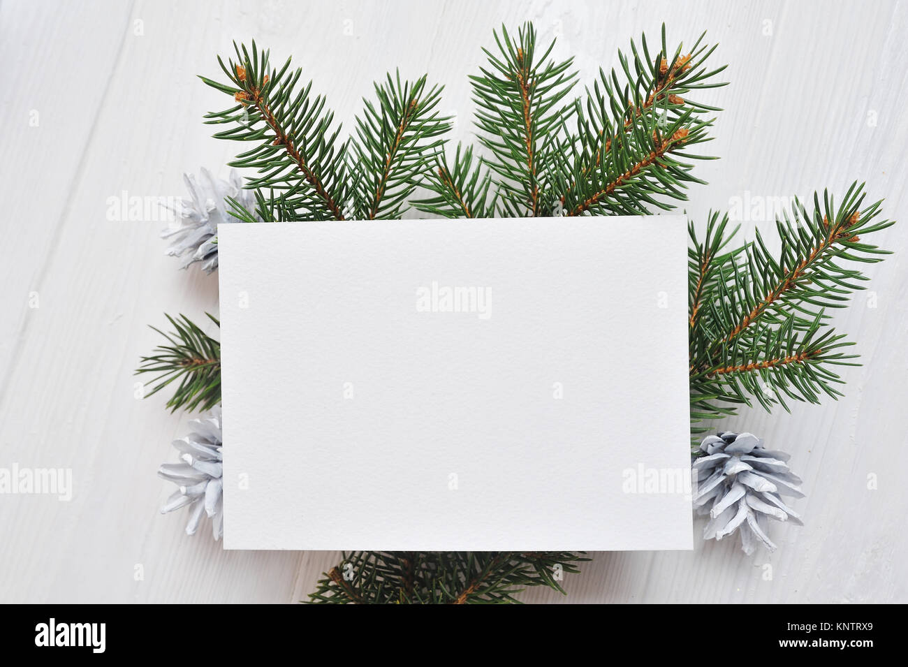 Mockup Weihnachten Grußkarten mit Baum und Kegel, flatlay auf einem weißen Hintergrund, aus Holz mit Platz für Ihren Text Stockfoto