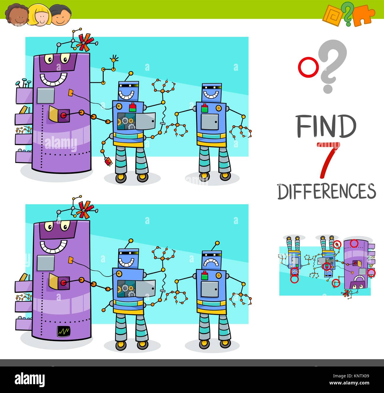 Cartoon Illustration der Unterschiede zwischen Bilder pädagogische Tätigkeit Spiel für Kinder mit komischen Roboter Zeichen Gruppe Stock Vektor