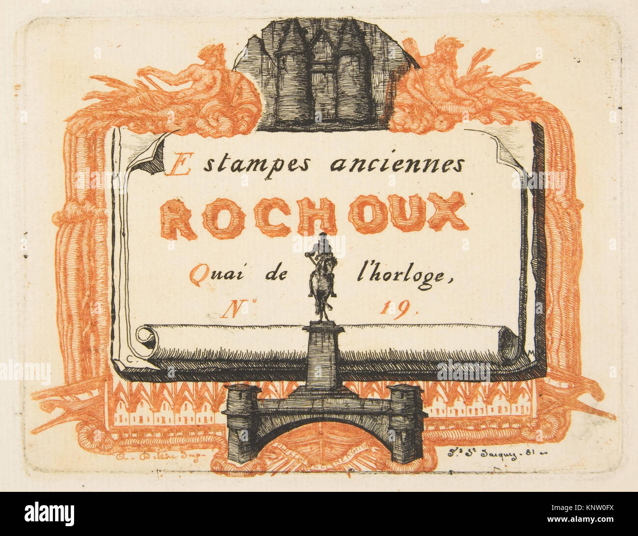 Adresse - Karte des printseller, Rochoux MET DP 813234 377947 Künstler: Charles Meryon, Französisch, 1821?1868, Adresse - Karte des printseller, Rochoux, 1855, Radierung von zwei Platten auf Bütten, Platte: 3 5/8 x 4 11/16 in. (9,2 x 11,9 cm). Das Metropolitan Museum of Art, New York. Geschenk von Bella C. Landauer, 1925 (26,28.1 bis) Stockfoto