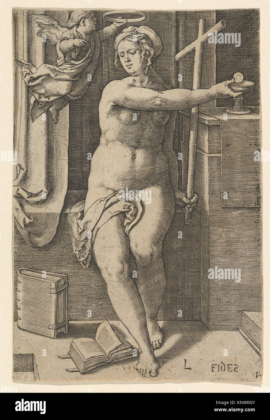 Illustration des Glaubens (Fides) aus der Serie Seven Tugenden, die symbolische Attribute und Personifizierung der Tugend zeigt. Stockfoto