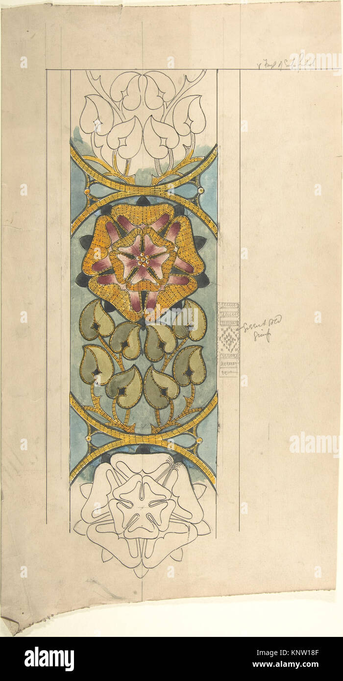 Dieses vertikale Stickmuster zeigt eine Tudor-Rose, die für kirchliche Textilien bestimmt ist und Muster, Ausrichtung und dekoratives Motiv zeigt. Stockfoto