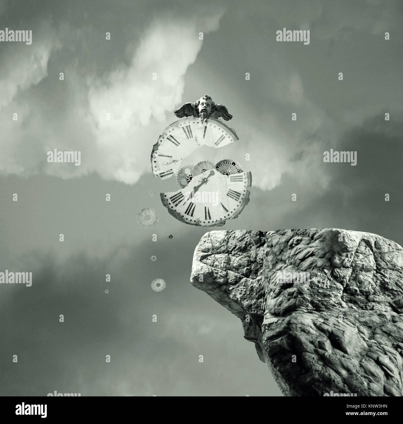 Surreale konzeptionelle Bild, das eine kaputte Uhr Falling Down aus einem Felsen Stockfoto
