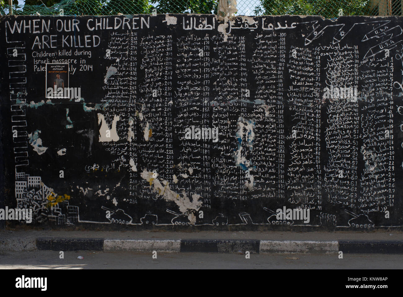 Eine Wand, die alle Namen der Kinder in der Bombardierung 2014 im Gazastreifen getötet. Aida Refugee Camp, Bethlehem, Palästina Stockfoto