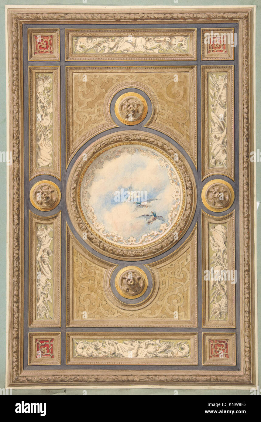 Design einer geschnitzten und bemalten Decke mit zentraler kreisförmiger Platte mit Wolken und Enten, die dekorative Motive, strukturelle Elemente und künstlerische Komposition zeigt. Stockfoto