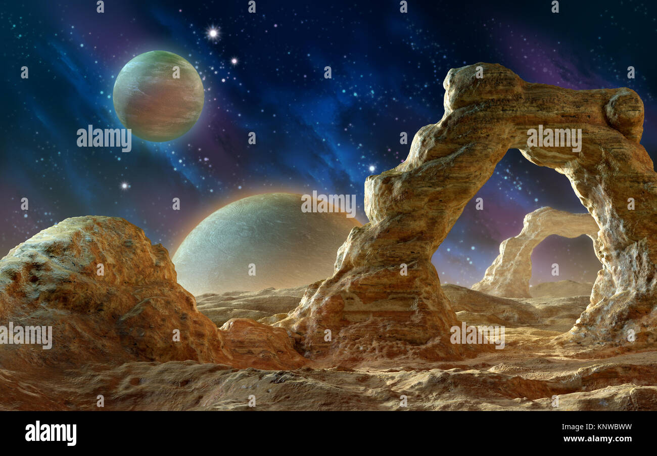 Spacescape mit Rock Bögen. 3D-Darstellung. Stockfoto