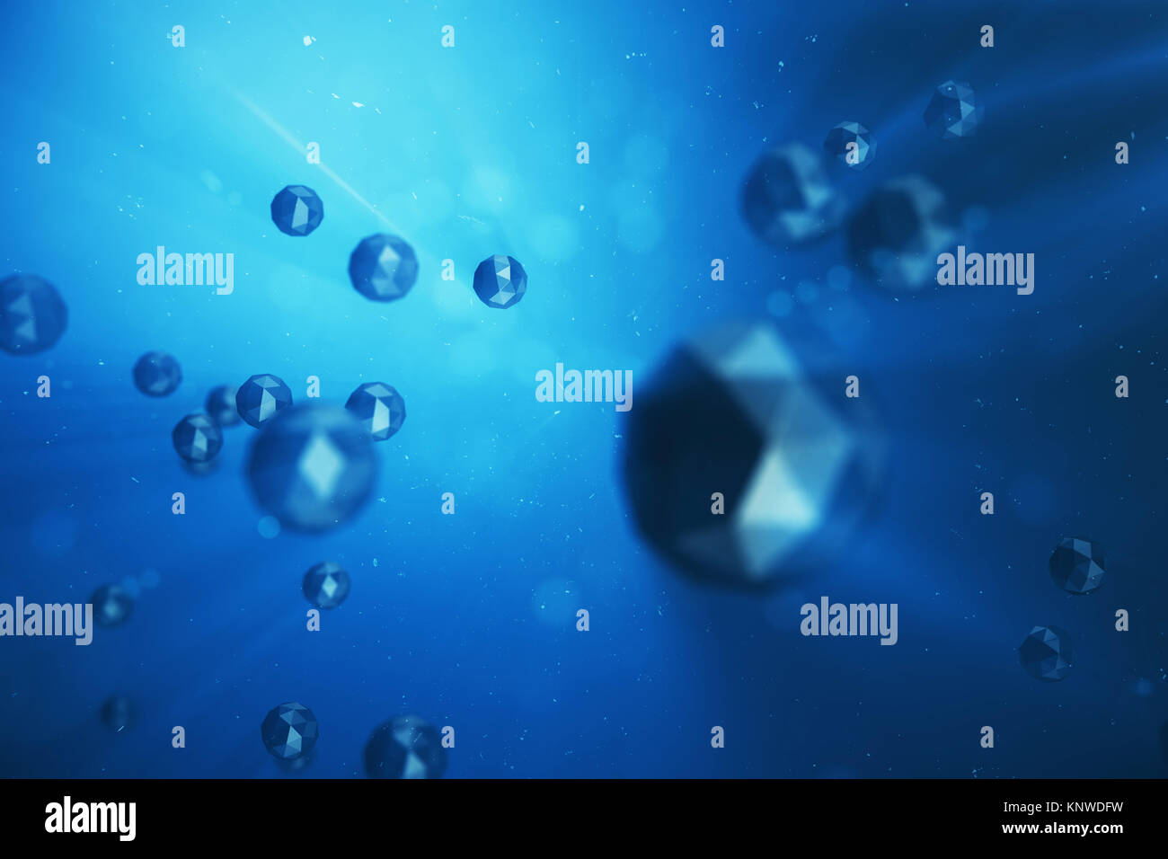 3D-Illustration abstrakt Hintergrund der chaotischen Low Poly Sphären. Partikelfilter in staubigen Platz. Blau futuristischem Hintergrund mit Tiefenschärfe, Bokeh Stockfoto