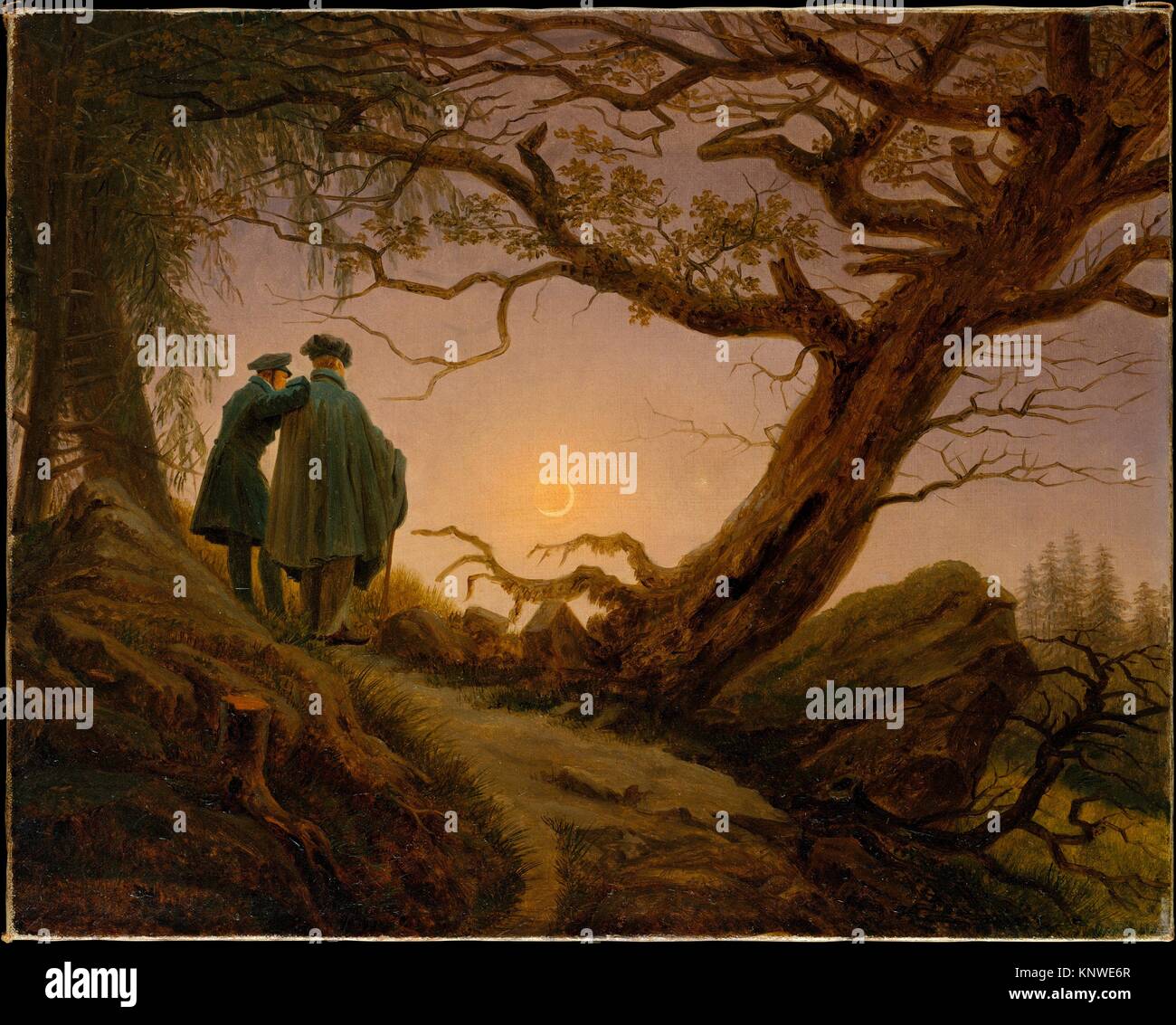 Caspar David Friedrich Mann Und Frau Den Mond Betrachtend Bildanalyse Zwei Männer betrachten den Mond. Künstler: Caspar David Friedrich
