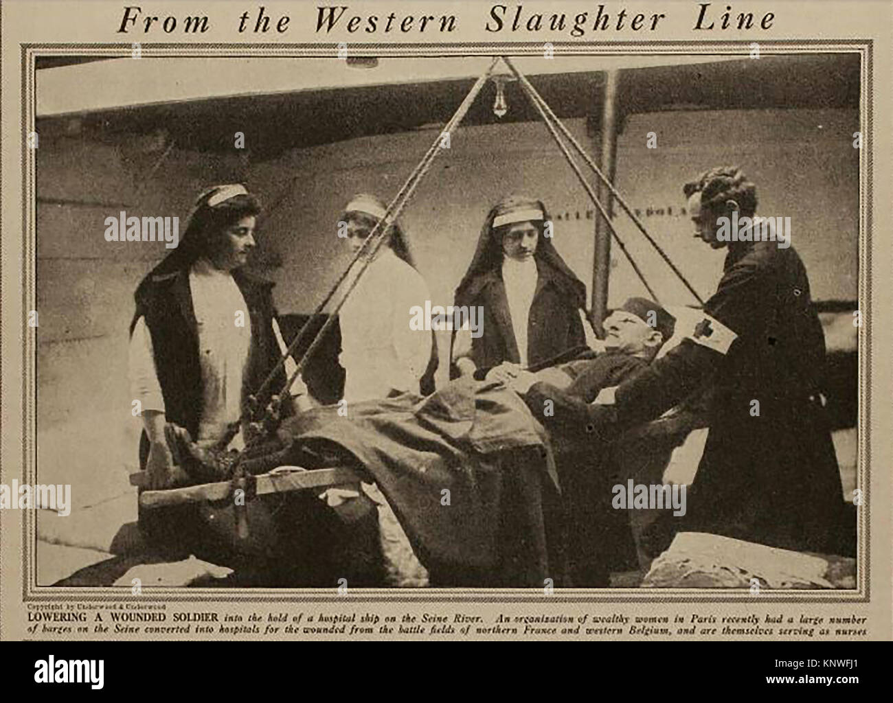 Eine seltene news Bild, das Personal auf Seine Binnenschiffe als Krankenhäuser im Ersten Weltkrieg verwendet wird Stockfoto