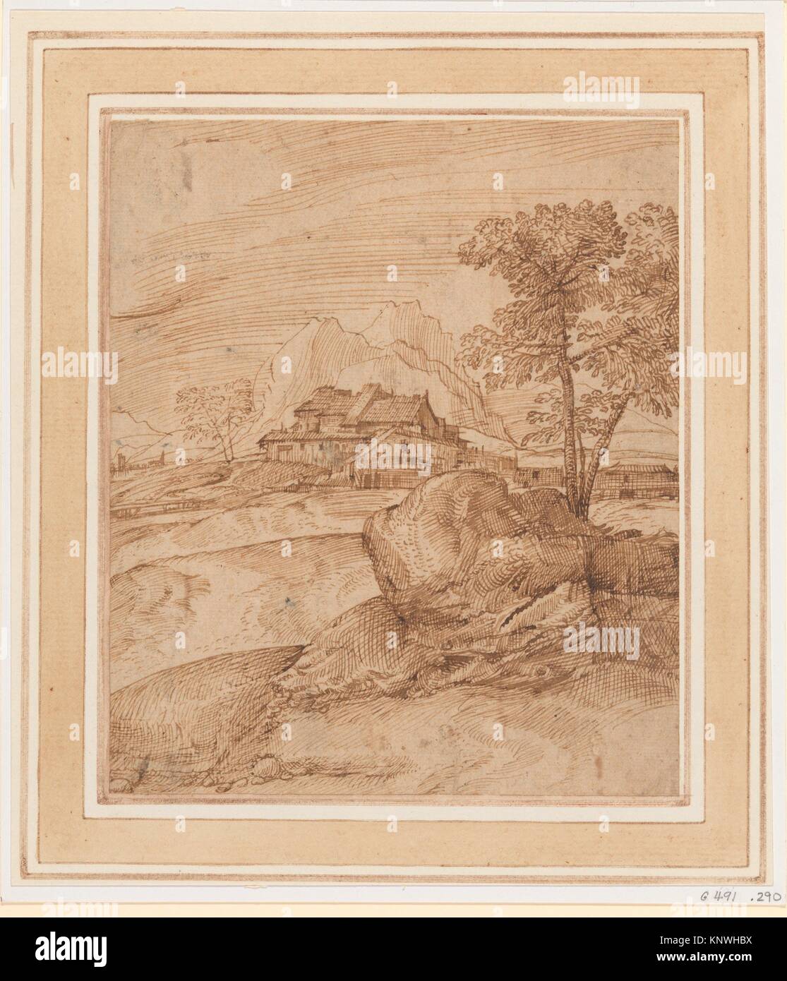 Bergige Landschaft mit einem Felsen, Bäumen und Gebäuden. Artist: Domenico Campagnola (Italienisch, Venedig (?) 1500-1564 Padua); Datum: Ca. 1520; Mittel: Stockfoto