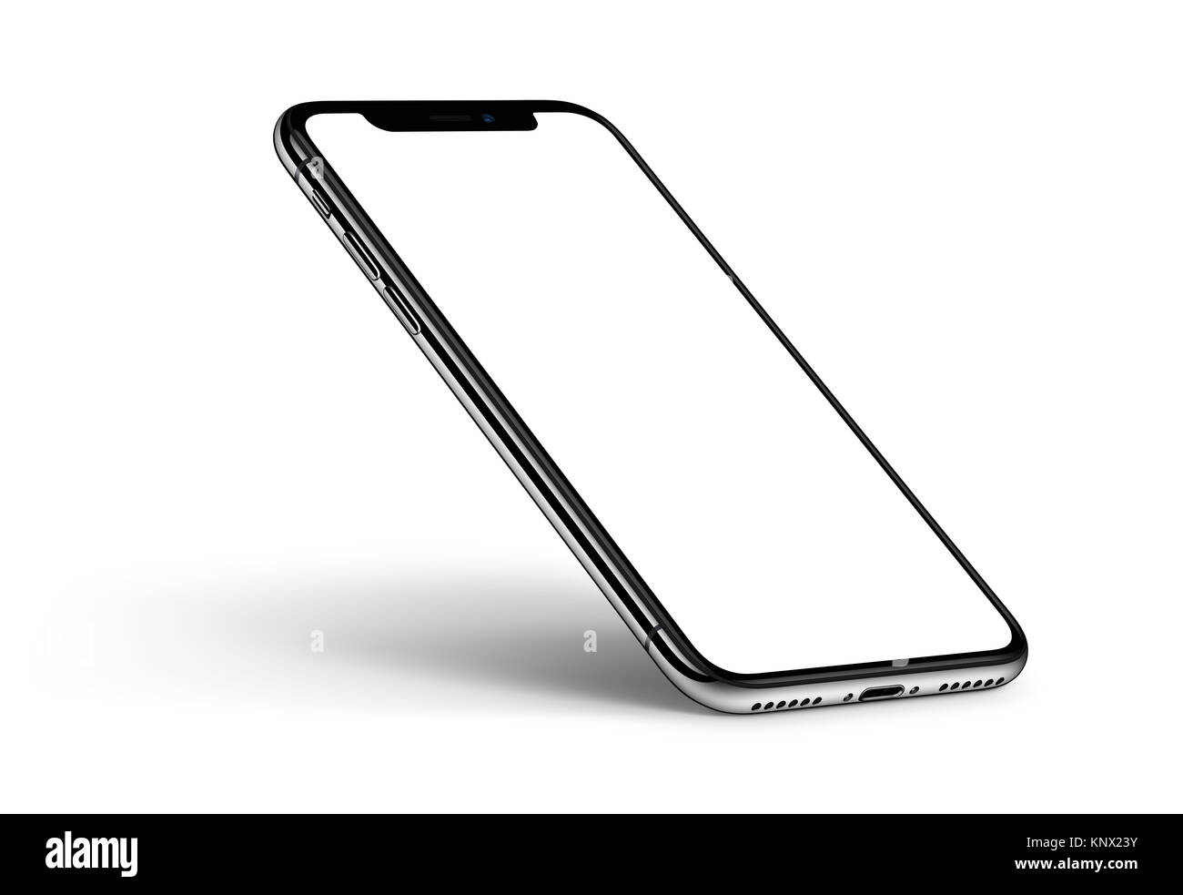 Perspektive Smartphone iPhone X mockup mit Schatten GEGEN DEN UHRZEIGERSINN gedreht auf weißem Hintergrund. Stockfoto