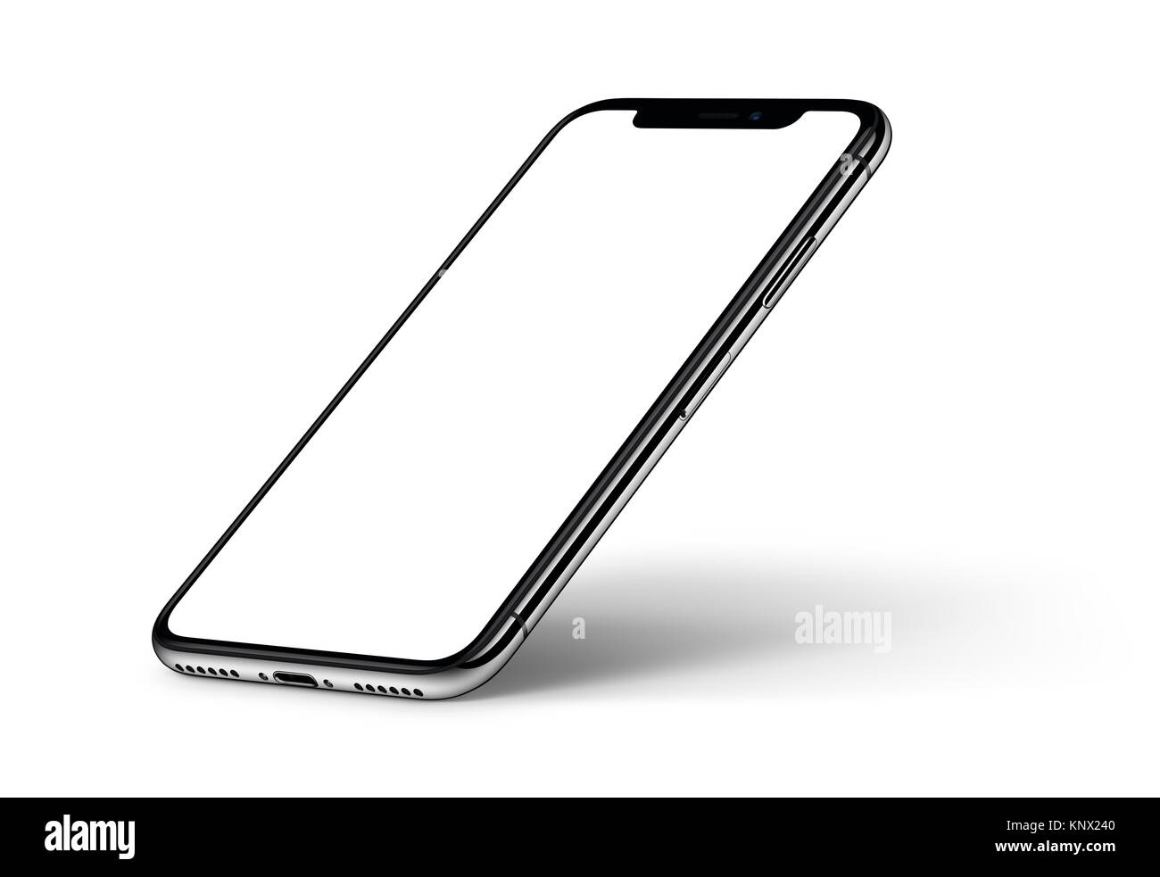 Perspektive Smartphone iPhone X mockup mit Schatten im Uhrzeigersinn gedreht auf weißem Hintergrund. Stockfoto