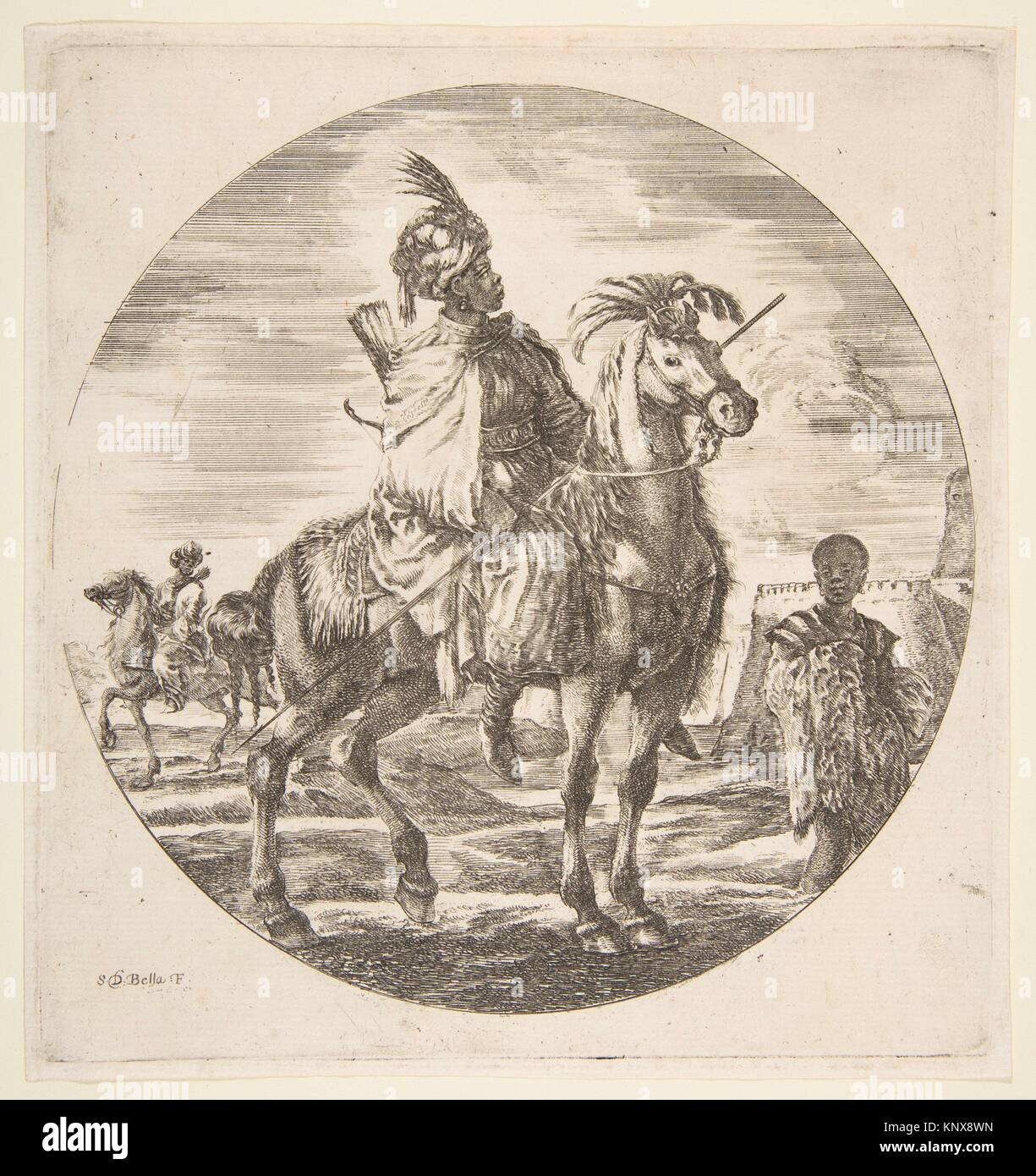 Maurische Reiter im Profil nach rechts, ein schwarzer Sklave Holding ein Pelz auf der rechten Seite, ein weiterer Reiter links im Hintergrund, die "Zahlen zu Stockfoto