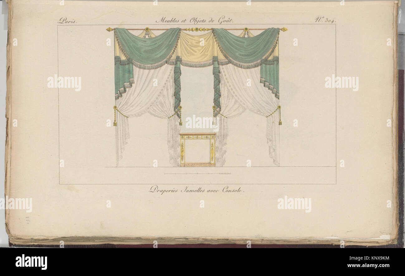 Französischer Band 2 der „Collection de Meubles et Objets de Goût“, herausgegeben von Pierre de La Mésangère, handkolorierte Stiche mit Möbeln und dekorativen Gegenständen aus Paris des frühen 19. Jahrhunderts. Stockfoto
