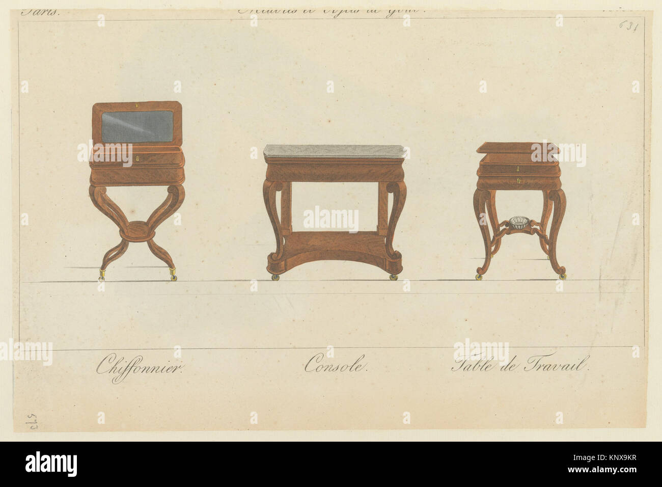 Band 3 der „Collection de Meubles et Objets de Goût“, herausgegeben von Pierre de La Mésangère, mit handkolorierten Gravuren französischer Möbel und dekorativer Objekte aus den Jahren 1820–1831. Stockfoto
