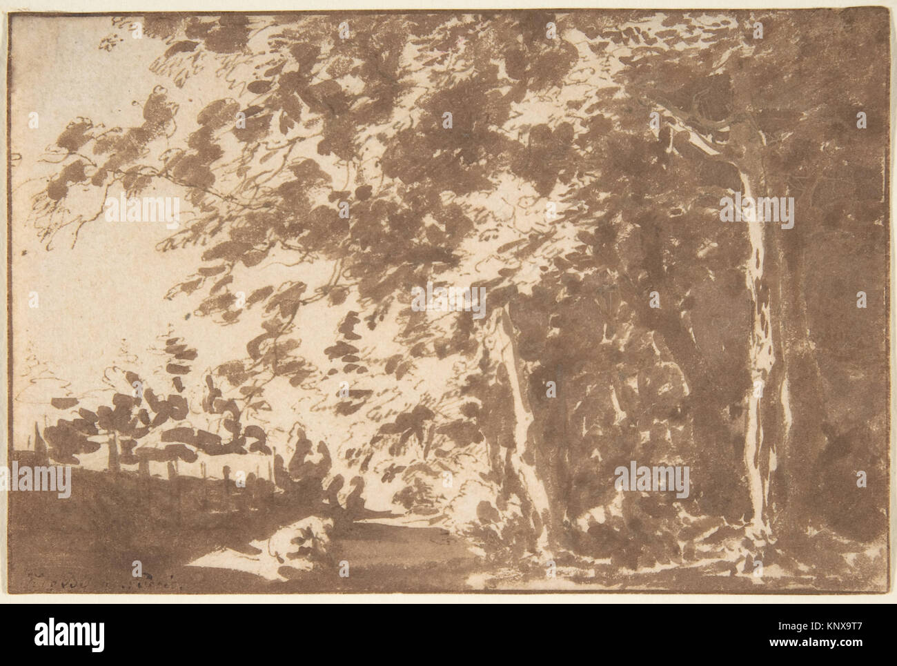 Eine Illustration eines Weges in den Haagse Bos, den Haag, mit Bäumen, Landschaftsgestaltung und niederländischen Zeichentechniken im goldenen Zeitalter. Stockfoto