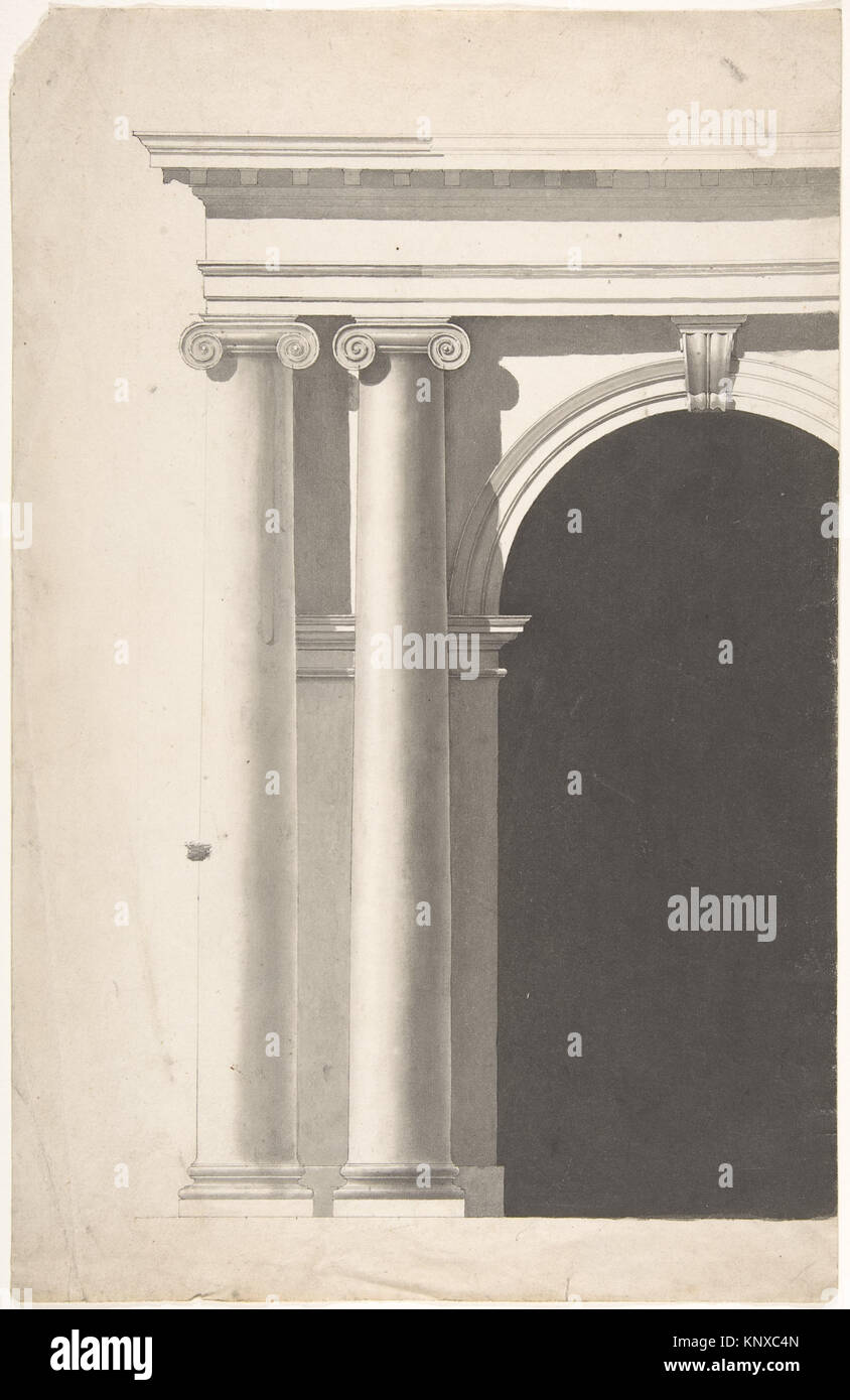 Diese MET DP806376-Abbildung zeigt ein architektonisches Portal mit linken Ionensäulen und einer bogenförmigen Öffnung, die das klassische architektonische Design und die Bautechniken hervorhebt. Stockfoto