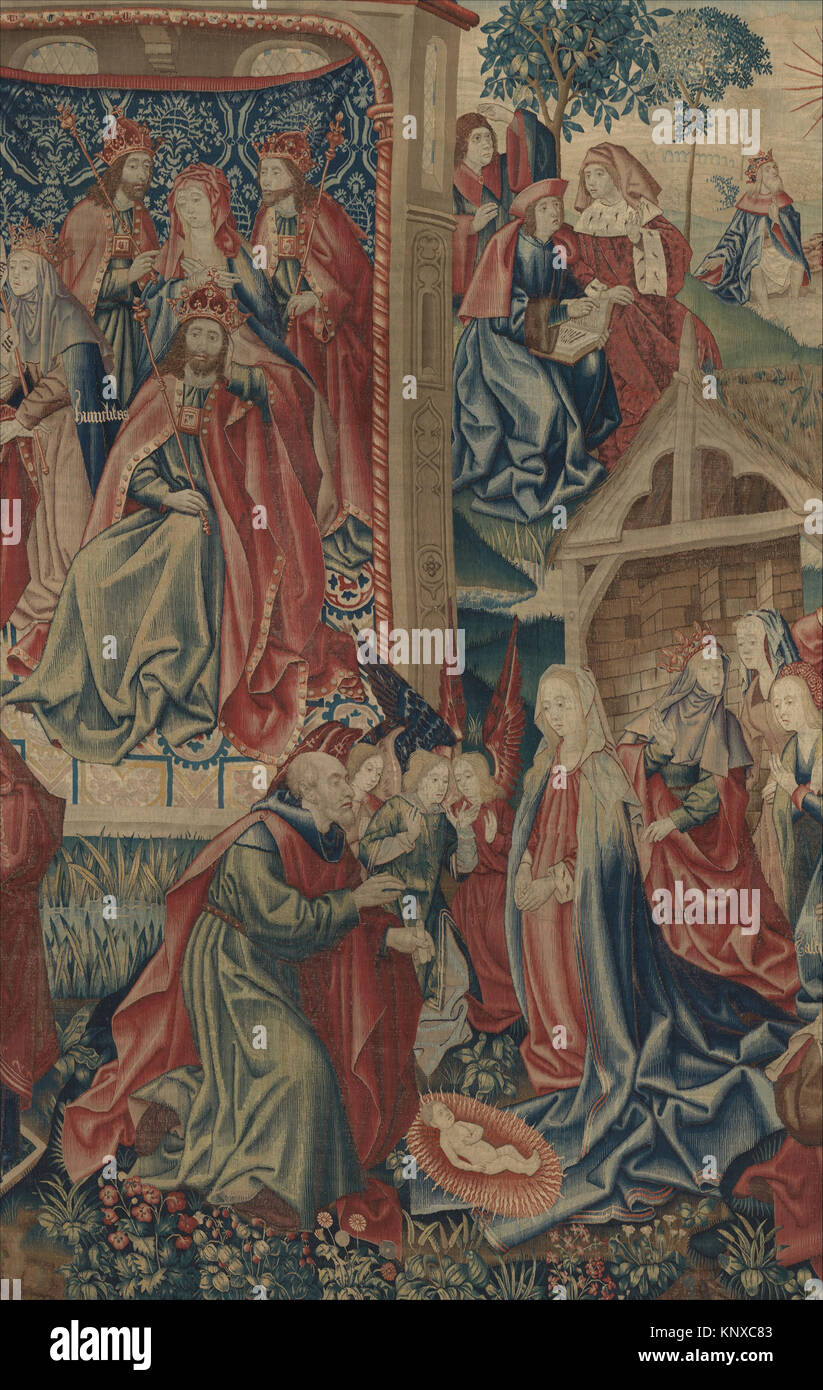 Religiöser Druck, der die Geburt Christi als Erlöser darstellt, zeigt Figuren, Gesten und erzählerische Komposition aus der Erlösungsgeschichte. Stockfoto
