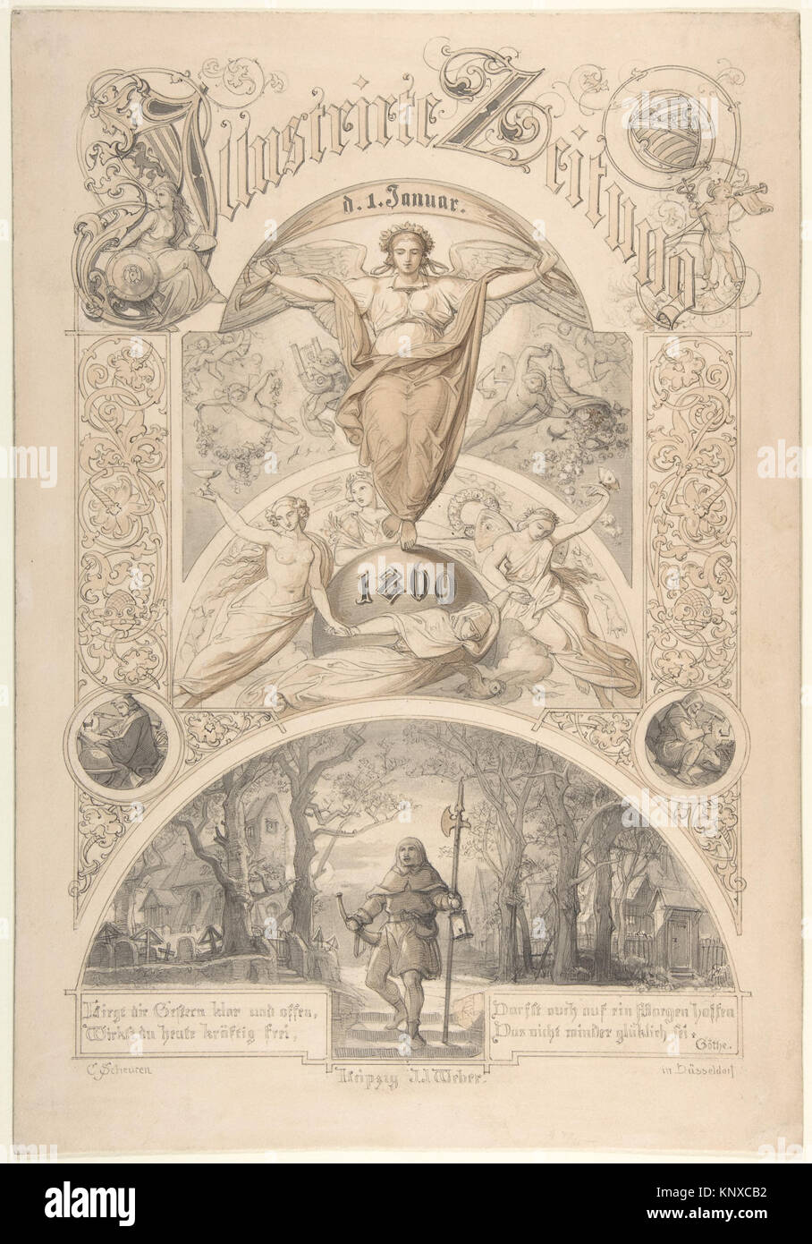 Dieses Cover für die Illustrirte Zeitung wurde von Johann Caspar Nepomuk Scheuren, einem deutschen Künstler aus Aachen, entworfen. Es wurde mit Stift und grauer Tinte hergestellt, mit brauner und grauer Waschung, über Graphit. Die Blattmaße betragen 40,1 x 27,7 cm (15 13/16 x 10 7/8 Zoll). Stockfoto