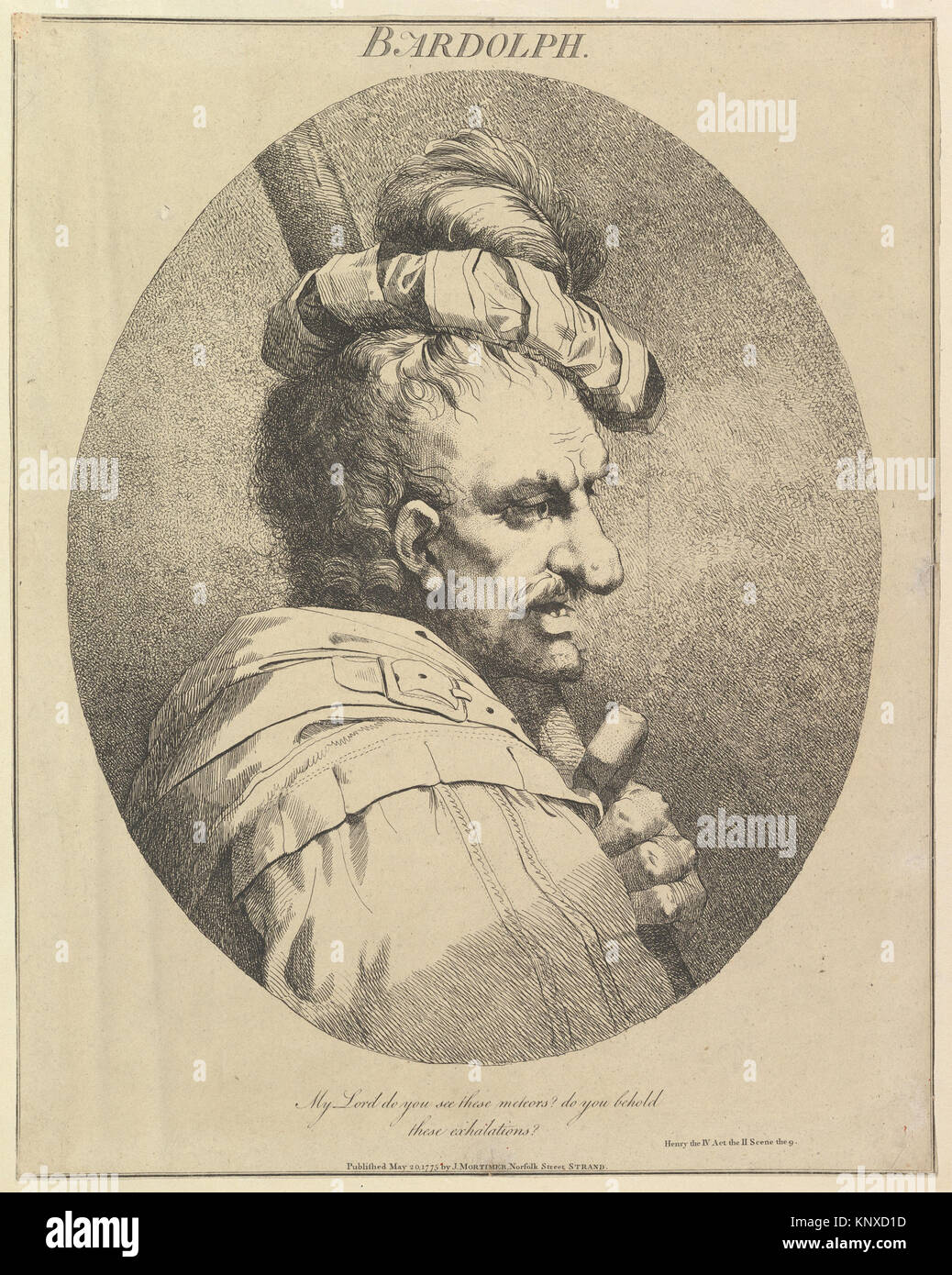 Diese MET-Illustration zeigt Bardolph aus Shakespeares zwölf Charaktere, die das Kostüm, die Gesichtszüge und den Ausdruck betonen. Stockfoto