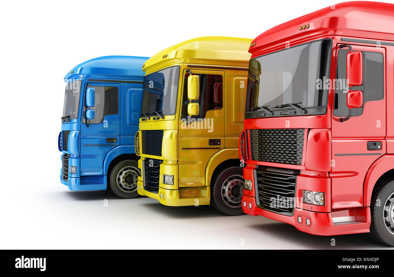 Drei farbigen Big Truck auf weißem Hintergrund. 3D-Darstellung Stockfoto