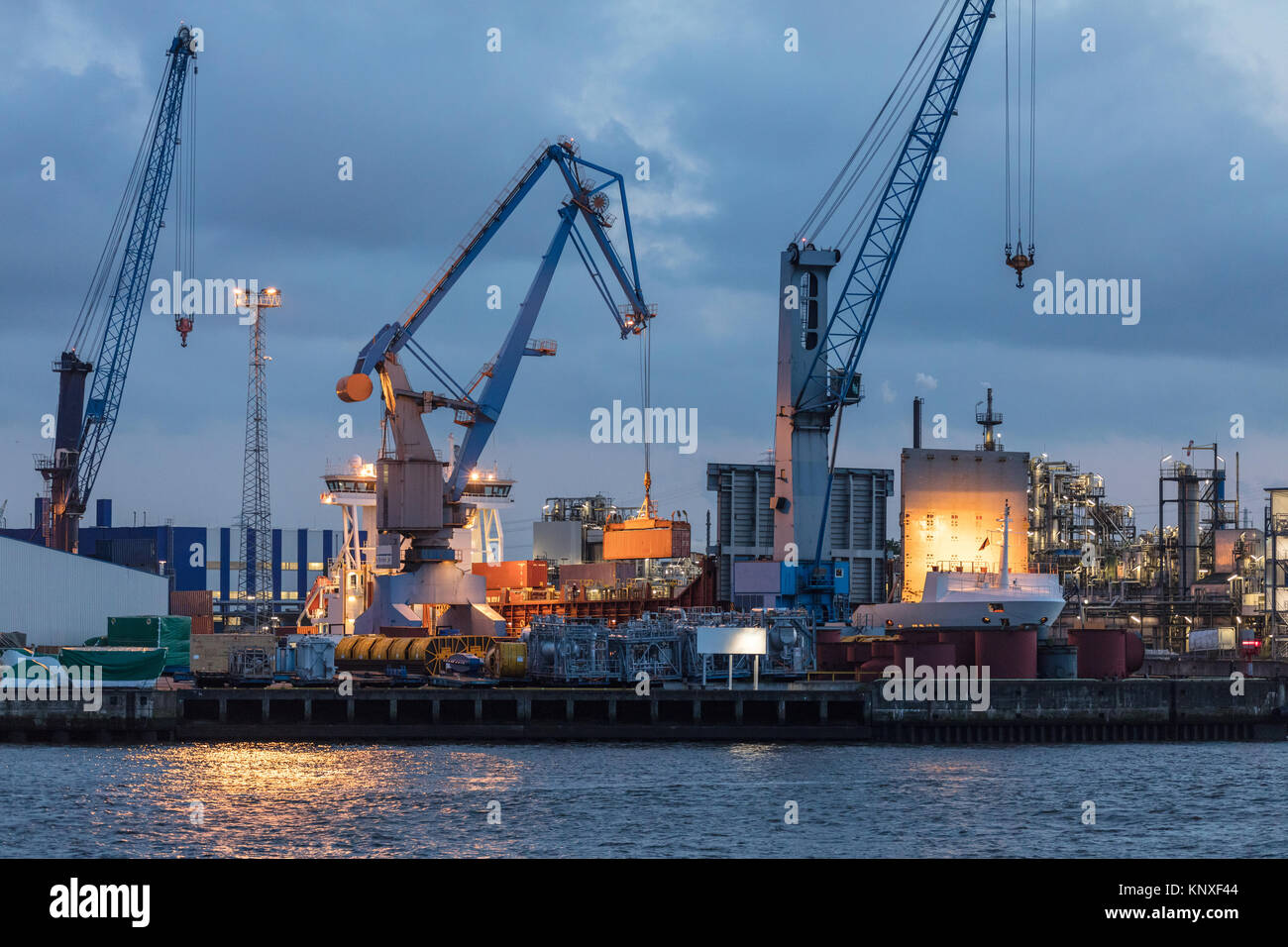 Containerverladung im Hamburger Hafen am Abend Stockfoto
