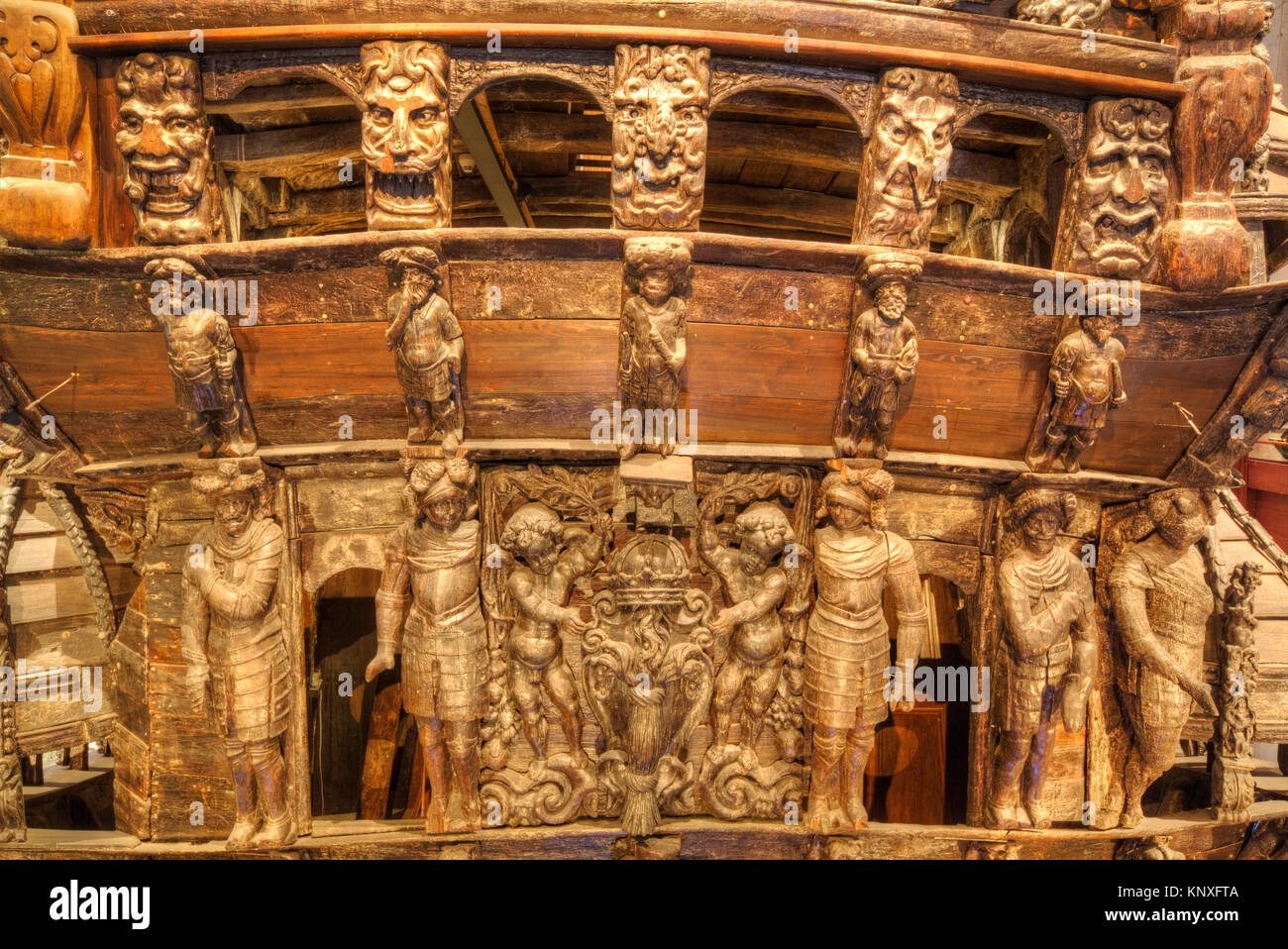 Detail des Stern, 17. Jahrhundert Kriegsschiff Vasa Maritime Museum (Vasamuseet), Djurgården Insel, Stockholm, Schweden Stockfoto