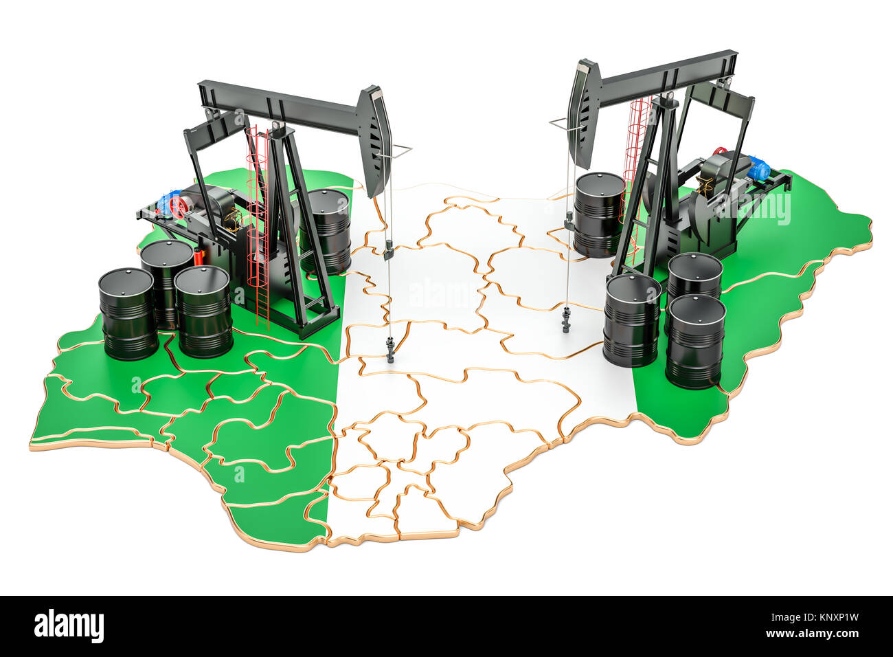 Nigeria Karte mit Barrel Öl und pumpjacks. Die Ölproduktion Konzept. 3D-Rendering Stockfoto