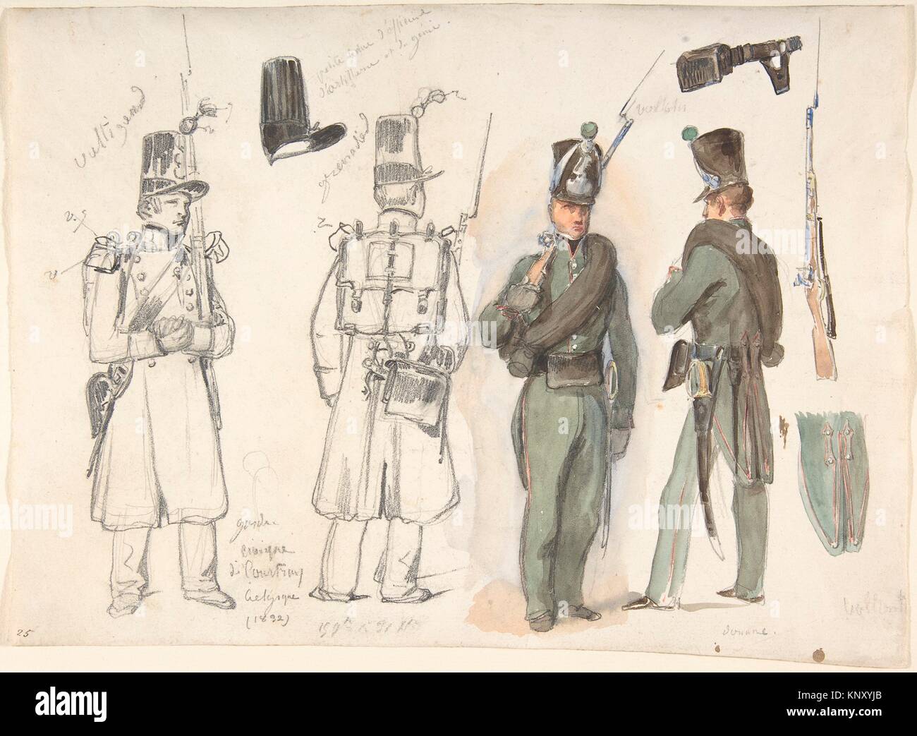 Uniformen der Guardia Civil in Courtray, Belgien. Artist: Auguste Raffet (Französisch, Paris 1804-1860 Gênes); Datum: 1832; Mittel: Schwarze Kreide und Stockfoto
