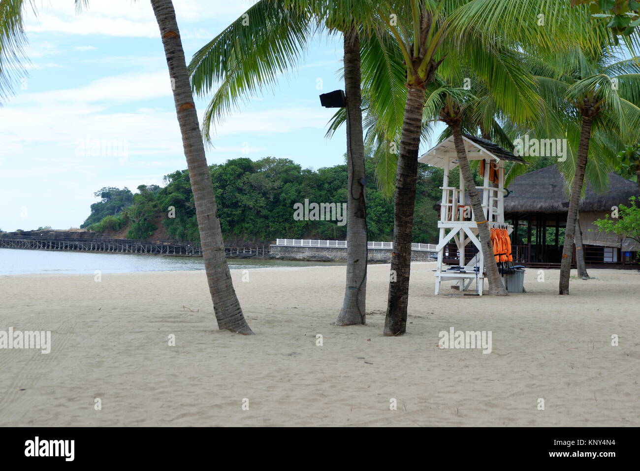 Sand, Life Guard Palmen und Strand Stockfoto