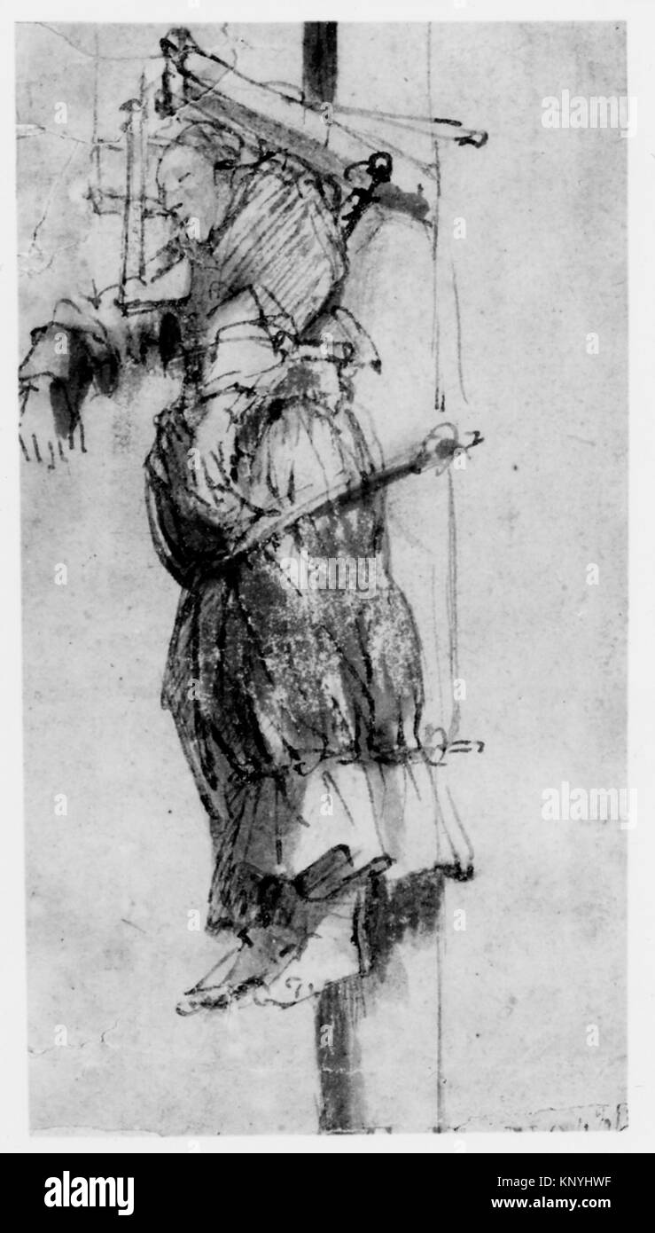 Dieses Kunstwerk zeigt Elsje Christiaens, die an einem Gibbet hängen und historische Hinrichtungspraktiken veranschaulichen. Das Stück ist Teil der MET-Sammlung und stellt niederländische Kunst des 17. Jahrhunderts dar. Stockfoto