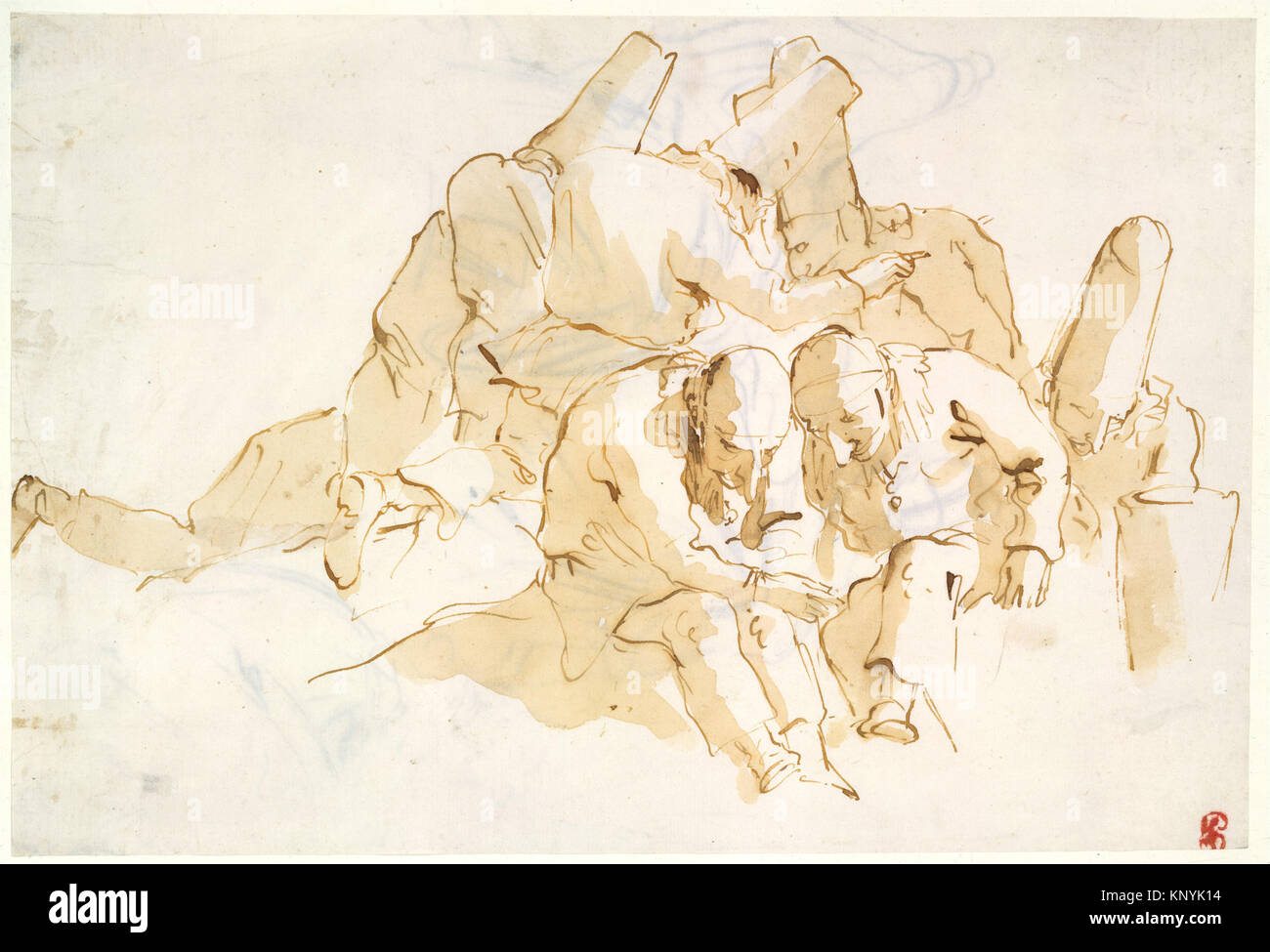 Eine Darstellung von Punchinelli-Figuren aus italienischem Puppenspiel mit Theaterstil und übertriebenen Charakterzügen. Stockfoto