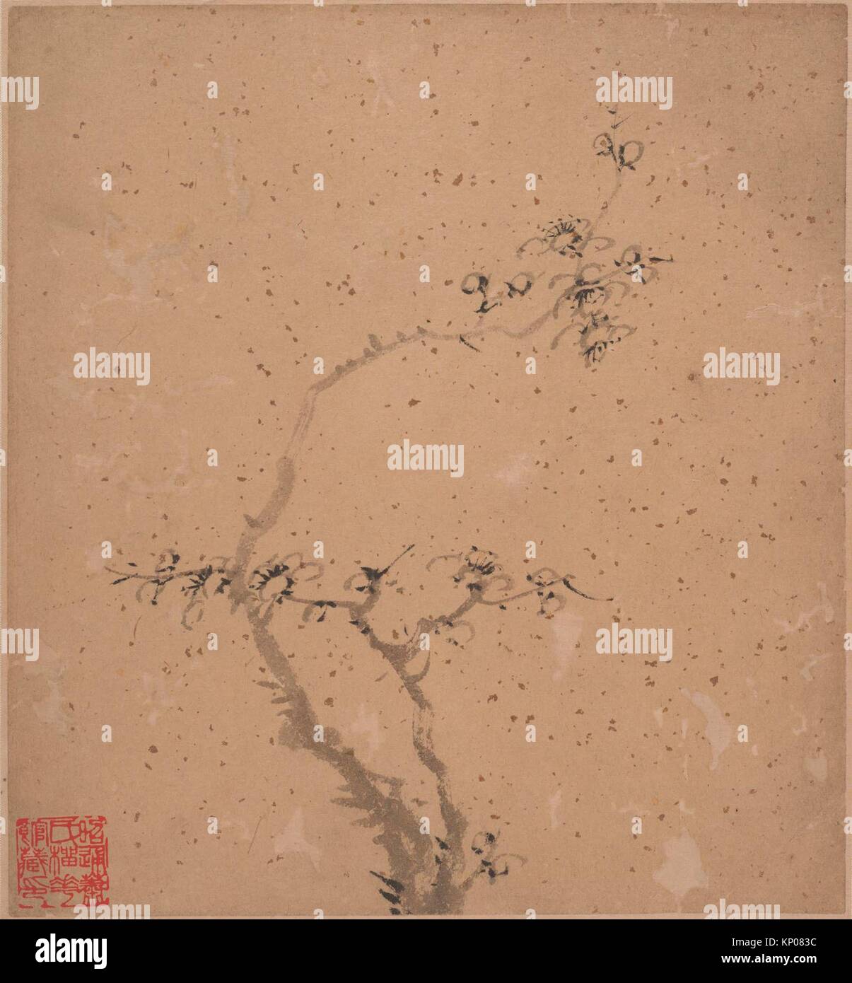 Blühende Pflaume. Artist: Tang Yifen (Chinesisch, 1778-1853); Datum: 1840; Kultur: China; Medium: Vier album Blätter; Tinte auf Gold-melierter Papier; Stockfoto