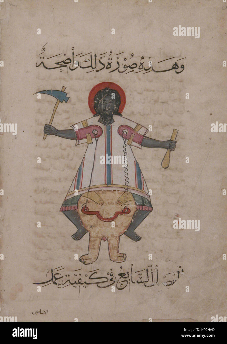 Illustration von al-Jazaris elefantenförmiger mechanischer Uhr mit indischem Fahrer, die mittelalterliches Automatendesign und Handwerkskunst in einem Folio-Manuskript zeigt. Stockfoto