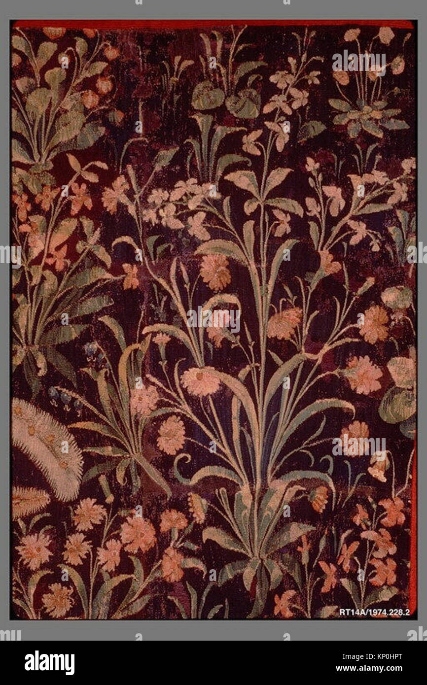 Südholländische Wandteppiche mit einem Falkner, zwei Damen, einer Seite und einem Fußsoldaten, entstanden um 1500–1530 aus Wolle und Seide, Teil der MET-Kollektion. Stockfoto