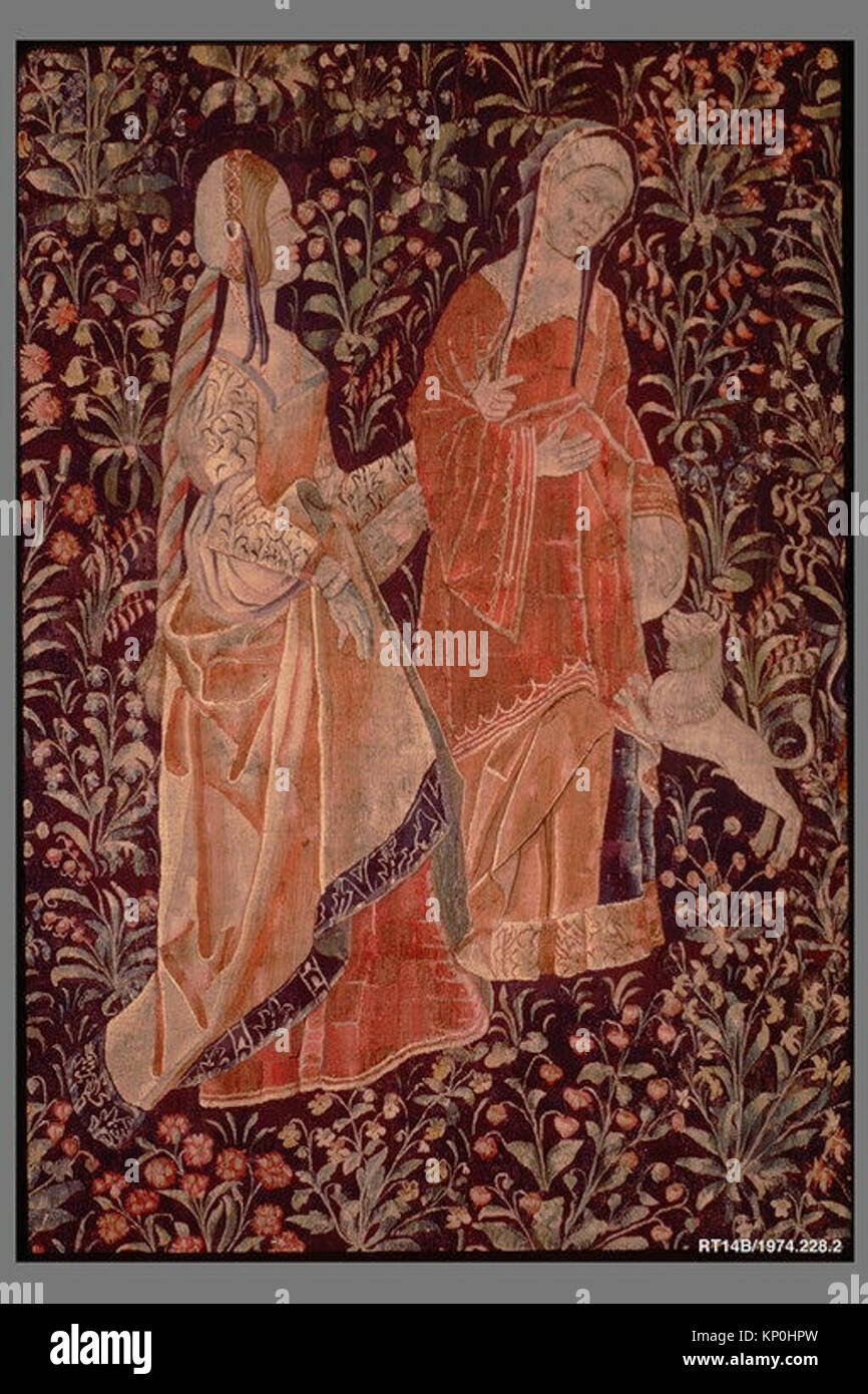 Südholländische Wandteppiche mit einem Falkner, zwei Damen, einer Seite und einem Fußsoldaten, erstellt um 1500–1530 mit Wollkettfaden und Wolle- und Seidenschüssen, die Teil der MET-Kollektion sind. Stockfoto